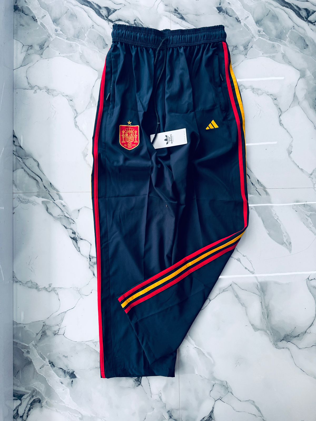 Spain Black Training Track Pants with Red & Yellow Side Stripes – Premium Sports Joggers for Men