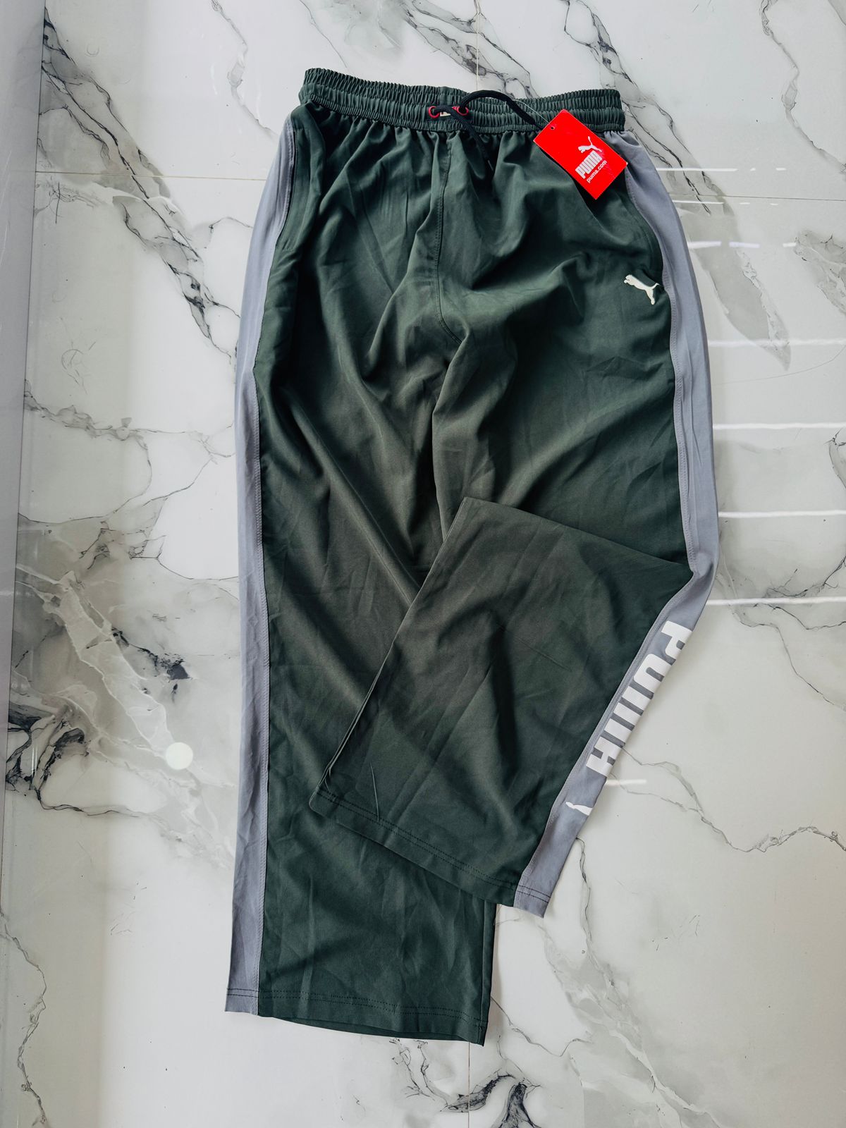 Puma Dark Green Premium Training Track Pants with Grey Side Panels – Sports Joggers for Men