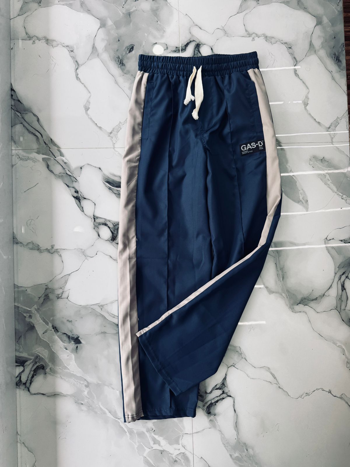 Men's Navy Blue Side Stripe Track Pants – Lightweight Athletic Joggers with Drawstring Waist