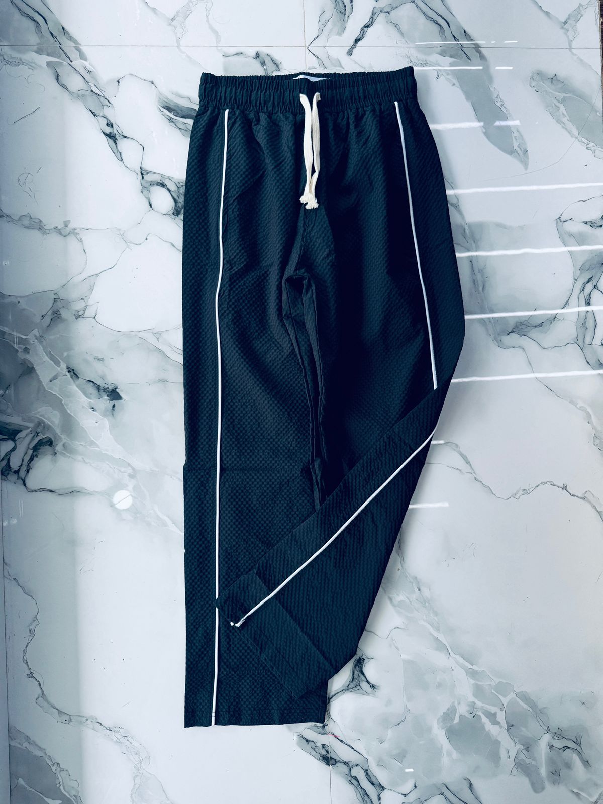 Men's Black Textured Track Pants – Lightweight Sports Joggers with White Contrast Piping